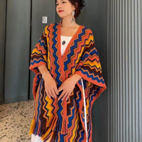 New Wave Pattern Geometric Long Beard Thickened Knitting Slit Travel Scenic Spot Warm Ethnic Style Shawl