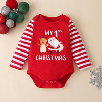 Christmas Print Striped Romper With Hat Three-piece Suit