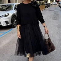 Knitted Round Neck Top Mesh Suspender Dress