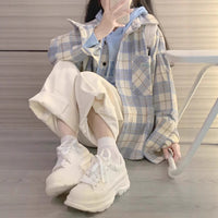 Female College Style Lazy Brushed Plaid Shirt