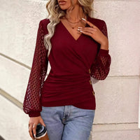 Womens Solid-Color Patchwork Lace Loose Cross-Over T-Shirt Top