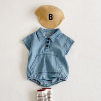Korean Summer Baby Girls' One-piece Cotton Denim Short Sleeve Big Pocket Khaki Climbing Suit