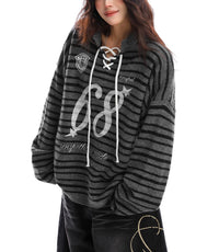 Loose Mixed Color Stripe Lace-up Sweater