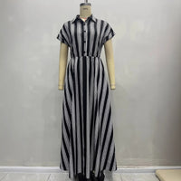 Elegant Womens Outfit Belted Short-sleeve Striped Shirt Dress