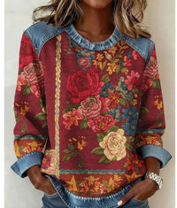 Womens 3D Digital-Print Crew-Neck Fashion Pullover Long-Sleeve Sweatshirt
