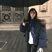 Retro Big Fur Collar Hooded Cotton Jacket Women's Coat