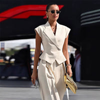 Beige Elegant Sleeveless Waist-Cinching Suit Set