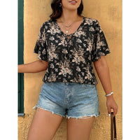 Plus-size V-neck Lace-up Ruffle-sleeve Chiffon Blouseen