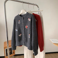 Women's Retro Machine Embroidery Christmas Red Puppy Knitted Sweater