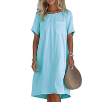New Womens Casual Solid-color Multi-color Short-sleeve Crew-neck Pocket Dress