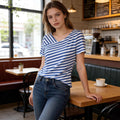 Women's Short-Sleeve Top With A Two-Tone Striped Shawl Collar