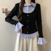 Versatile Slimming Mock Two-Piece Patchwork Knit Shirt