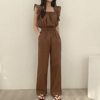 French Retro Square Collar Ruffled Flying Sleeves Elastic And Waisted High Waist Wide Leg Jumpsuit For Women