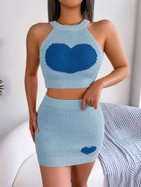 Women  Casual Color Block Heart Cropped Top & Bodycon Skirt Knit Set