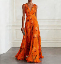 Bluesy Tulip-Print Gown Elegant Flowing Sleeveless V-Neck Chiffon Maxi Dress For Parties And Formal Events