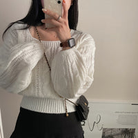 Cable-knit Sweater Lantern Sleeve Solid Color Square Collar Pullover Sweater