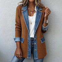 Womens Casual Denim Patchwork Ribbed Lapel Jacket Suit