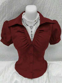 V-neck Pleated Sexy Women's Slim-fit Short-sleeved Shirt