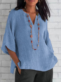 Three-quarter-sleeve Cotton-linenSolid-color Loose-fit Casual Shirt