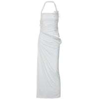 Stylish Patchwork 3D Floral Halter Bodycon Midriff-Baring Dress In A Sophisticated Edgy Chic Style For Women