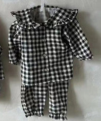 Lace Lapel Plaid Long-sleeved Shirt With Pants