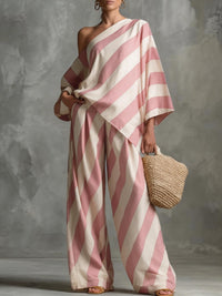 Retro Striped Printed Chiffon Top And Wide-leg Pants Set