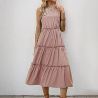 Simple Solid-Color Pleated Ruffle-Trimmed Sleeveless Dress