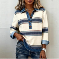 Korean-Style Striped Cable-Knit Preppy-Style Badge Lapel Knit Sweater For Women