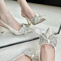 Rhinestone Bow Stiletto Heel One Strap Sandals, Sexy Pointed Toe Wide Width Pumps For Wide Feet, 2026 Closed Toe High Heels Women