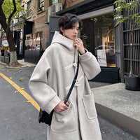 High-grade Woolen Horn Button Hooded Coat Mid-length
