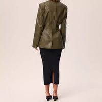 Fashionable Elegant Green V-neck Slim Suit Leather Coat