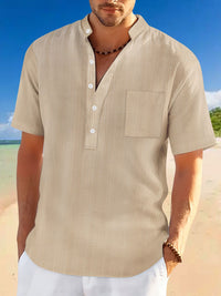 Stand Collar Short Sleeve Loose Leisure Vacation Henley Shirt