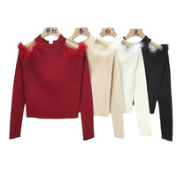 Women's Half-turtleneck Stitching Hollow Out Shoulder-baring Knitwear Top