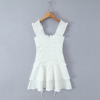 White Puff-Shoulder Ruffle-trimmed Sweet Vest Dress With Drawstring Waist And Pleats