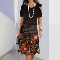Artistic Floral-print Short-sleeve Outfit Elegant Loose-fitting Dress