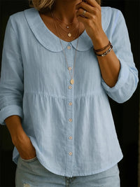 Summer New Peter Pan Collar Linen-Cotton Solid Color Shirt Womens Loose Slimming Three-Quarter Sleeve Casual All-Match Top