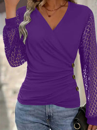 Womens Solid-Color Patchwork Lace Loose Cross-Over T-Shirt Top