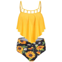 Ruffled Sunflower-print High-rise Bikini European