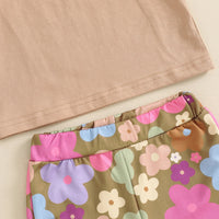 Girls Letter Flower Print Short Sleeve Flared Pants Suit