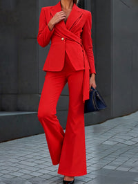 One Button Waist Cinched Belted Flared Pants Suit Set