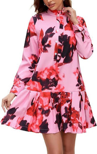 Elegant Floral Ruffled Pleated Long-Sleeve Dress