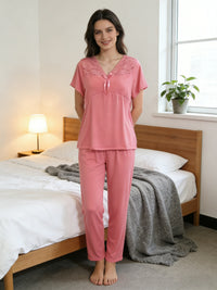 Womens Lace Bow-Knot Short-Sleeve Pants Two-Piece Pajama Set