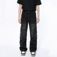 Vintage Zipper Design Multi-pocket Workwear Jeans
