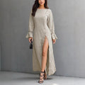 Womens Long-Sleeve Casual Cotton-Linen Slit Dress With Buttons