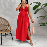 Deep V-neck Drawstring Halter Dress