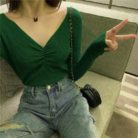 Pleated V-neck Knitted Bottoming Shirt Long Sleeve Sweater