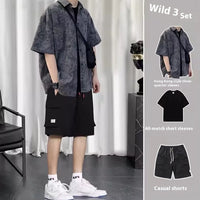 Summer Hong Kong Style Short Sleeve Shirt Coat Shorts Three-piece Suit