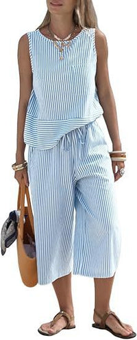 Womens Two-Piece Striped Sleeveless Top And Cropped Wide-Leg Pants Set