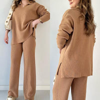 AutumnWinter New Style Fashion Solid Color Loose Hem Split Knit Sweater Two-Piece Set For Women