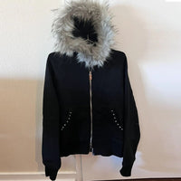 Black Zipper Divided Print Fleece Hooded Sweatshirt